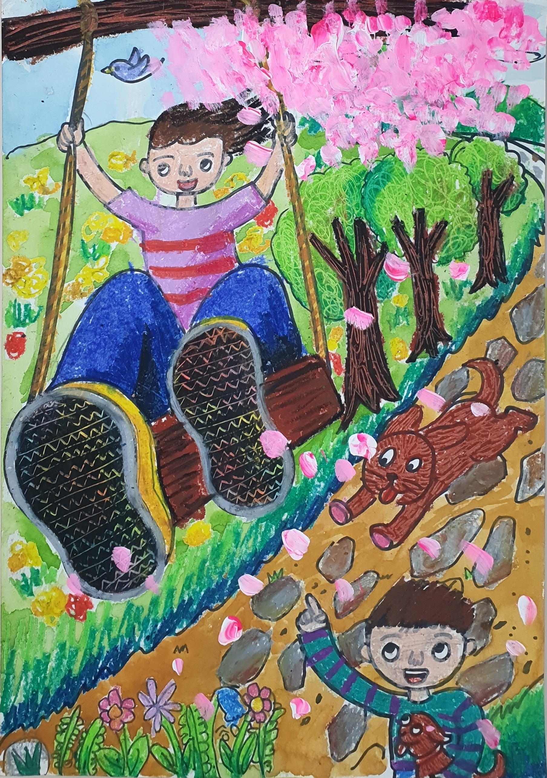 봄날, 강아지와 즐거운 산책과 그네타기 썸네일